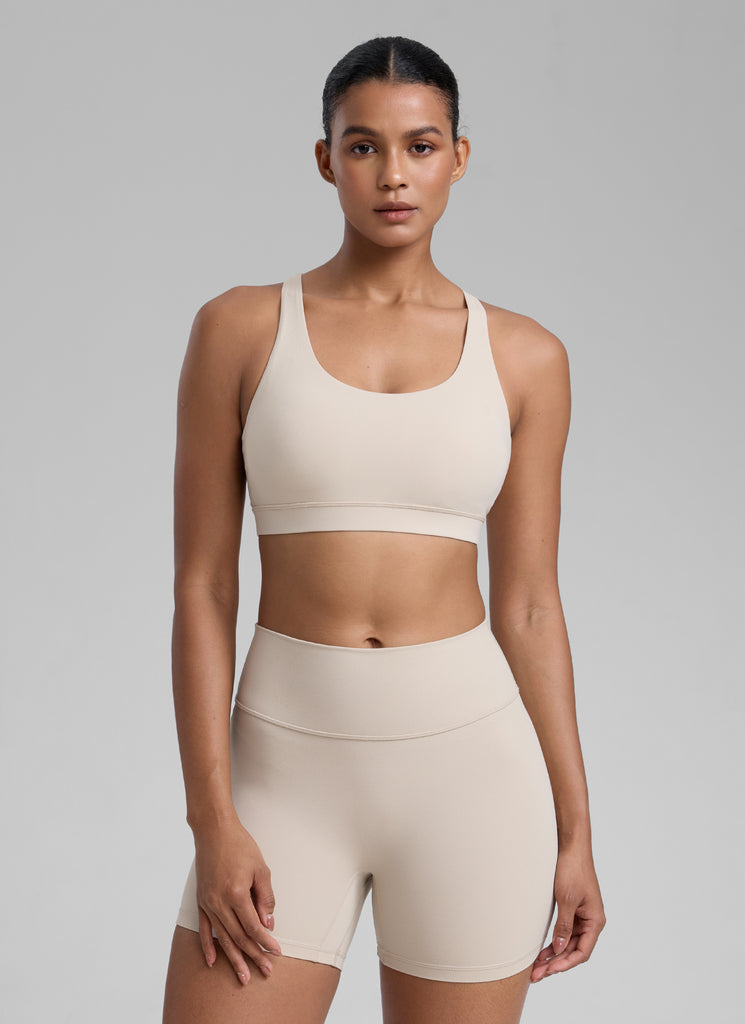 CRZ YOGA Women's Yoga Training Medium Support Nakedfeel Bra Cross Back Mojave Tan