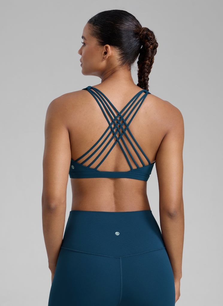 CRZ YOGA Women's Yoga Light Support Nakedfeel Strappy Bra Low Cut French Navy