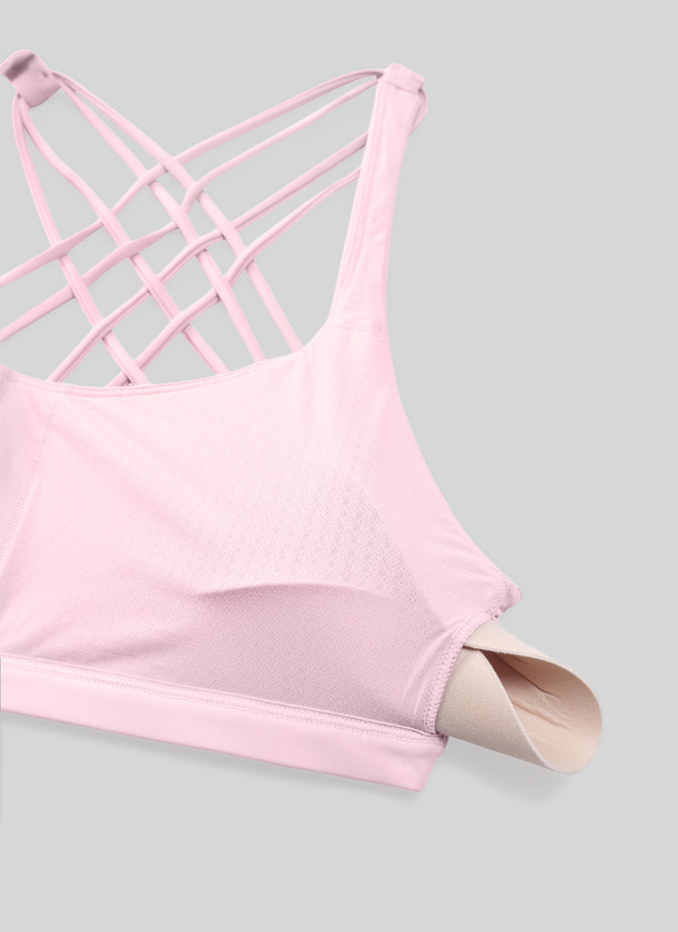 CRZ YOGA Women's Yoga Light Support Nakedfeel Strappy Bra Low Cut Strawberry Pink