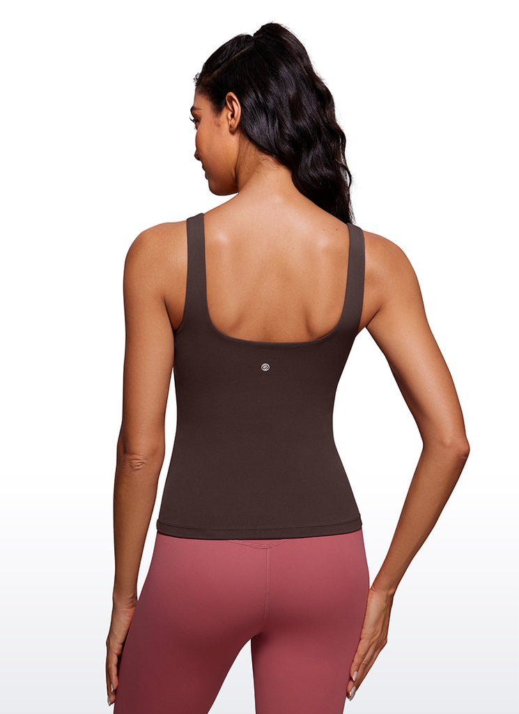 CRZ YOGA Women's SlimFit Tops Butterluxe Built-in Bra U Neck Tanks Hot Fudge Brown