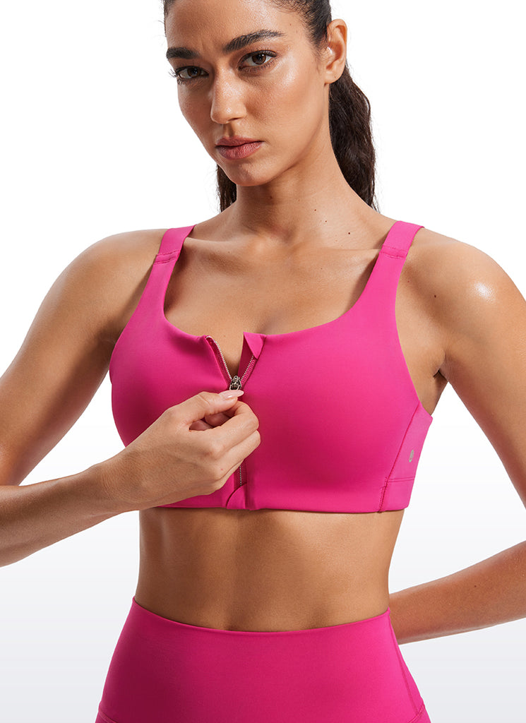 CRZ YOGA Womens Zip Front High Impact Sport Bra with Adjustable Straps Black