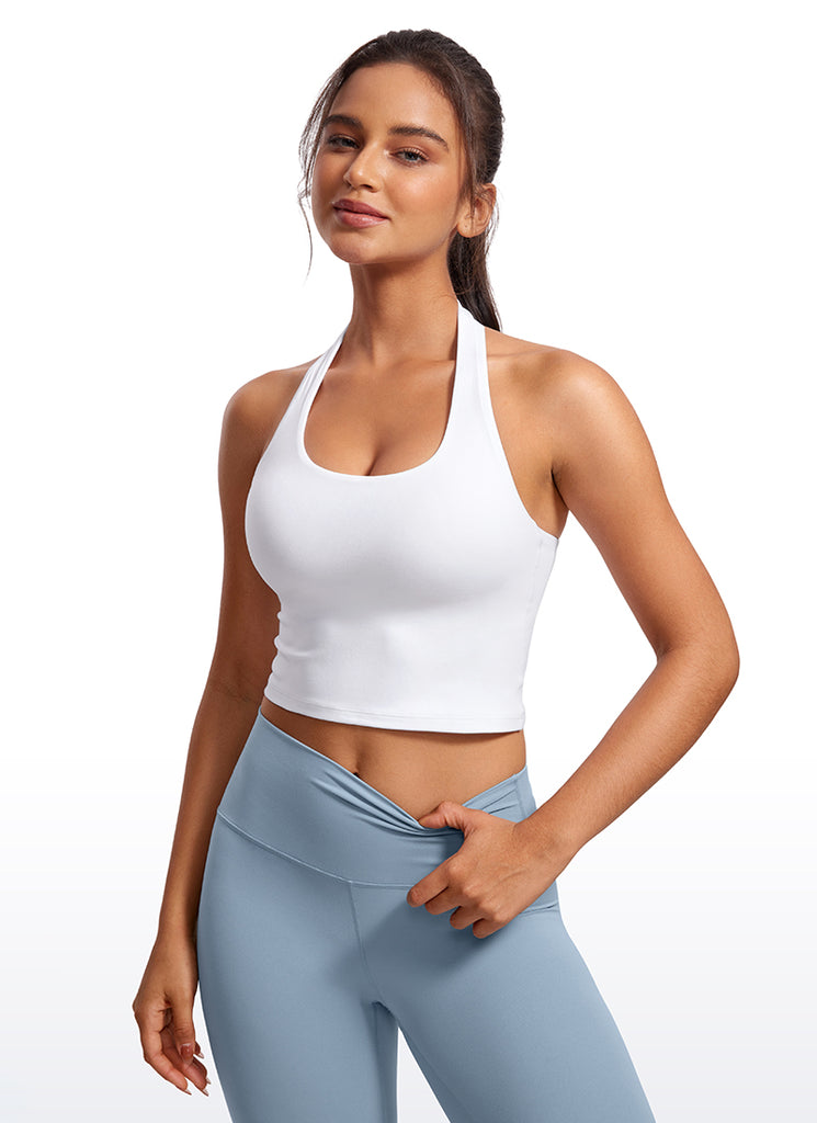 CRZ YOGA Womens Butterluxe Halter Longline Sports Bra Crop Tank Tops White