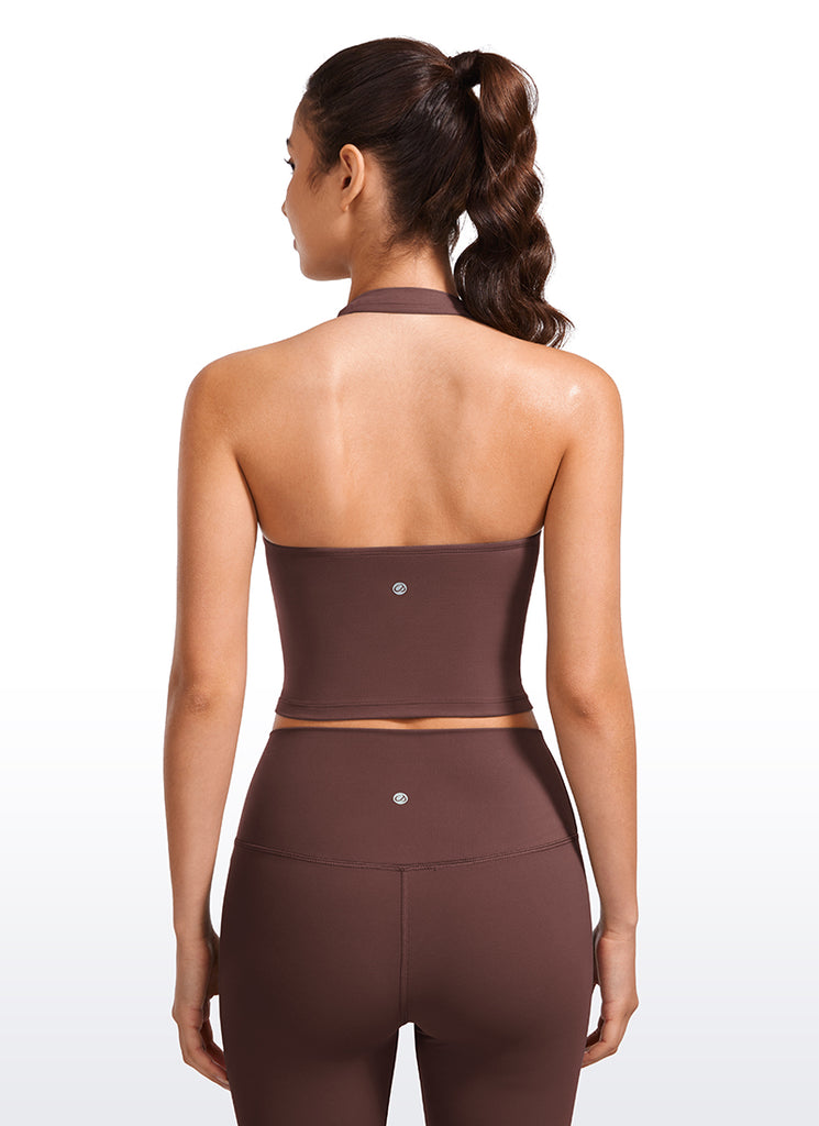 CRZ YOGA Womens Butterluxe Halter Longline Sports Bra Crop Tank Tops White