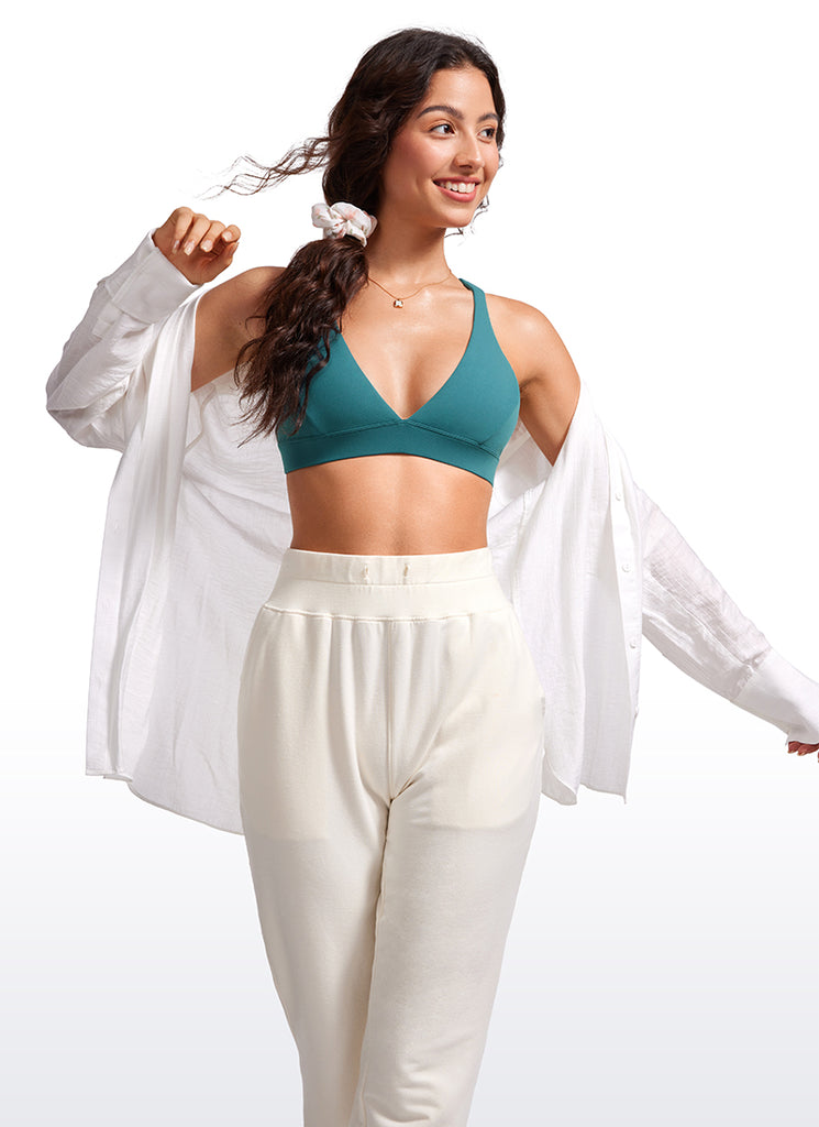 CRZ YOGA Women's Light Support Butterluxe Yoga Bra Strappy back V Neck French Navy