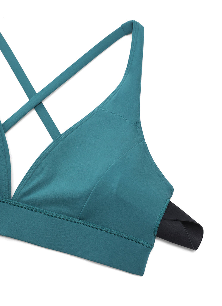 CRZ YOGA Women's Light Support Butterluxe Yoga Bra Strappy back V Neck Sparkle Blue