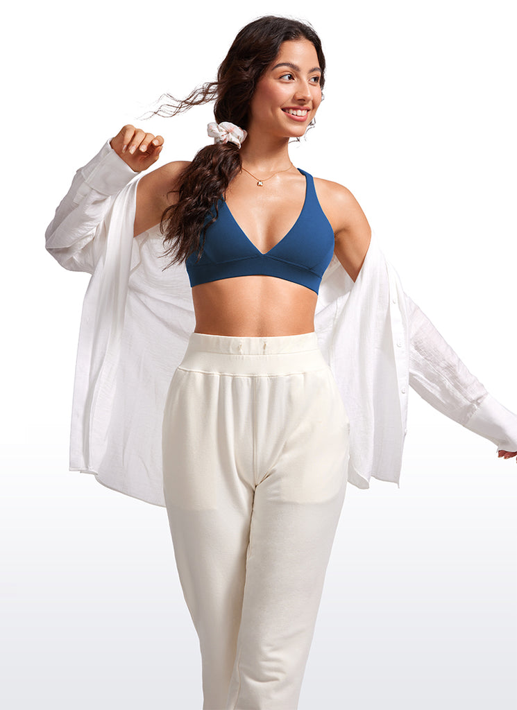 CRZ YOGA Women's Light Support Butterluxe Yoga Bra Strappy back V Neck Taupe