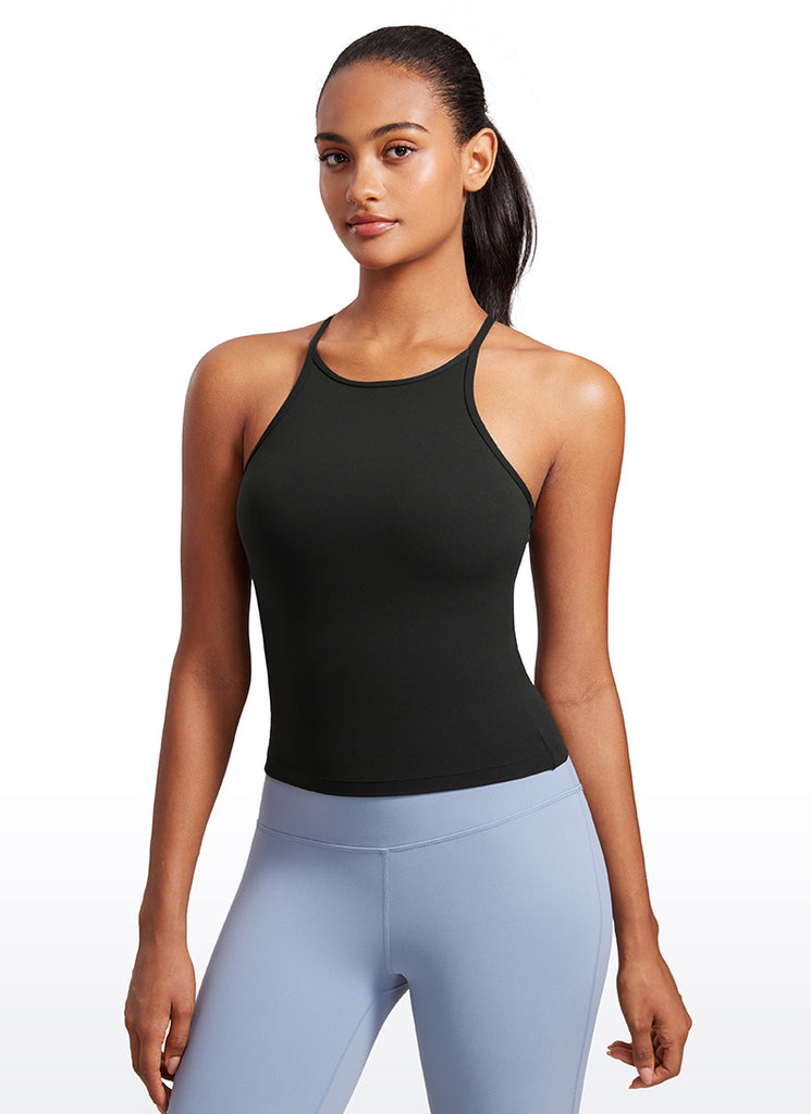 CRZ YOGA Women's Yoga Butterluxe Halter High Neck Padded Tanks Y Back Black