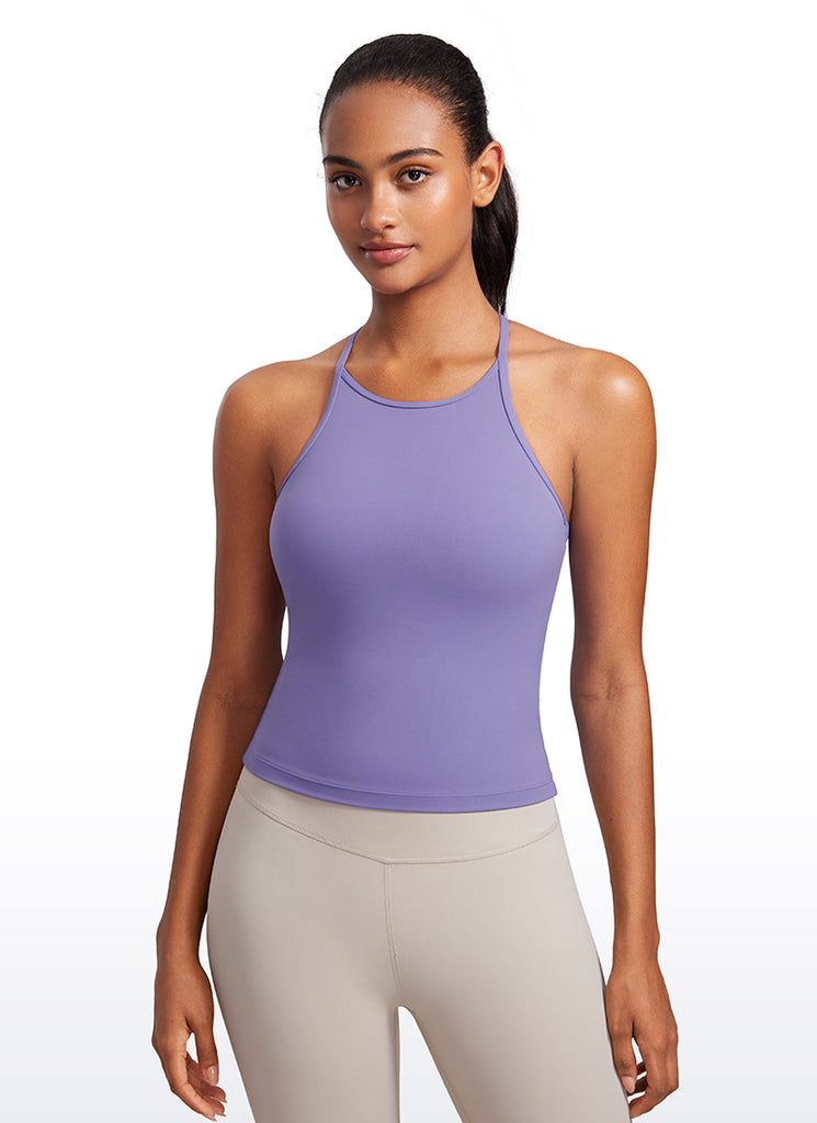 CRZ YOGA Women's Yoga Butterluxe Halter High Neck Padded Tanks Y Back Dark Lavender Purple