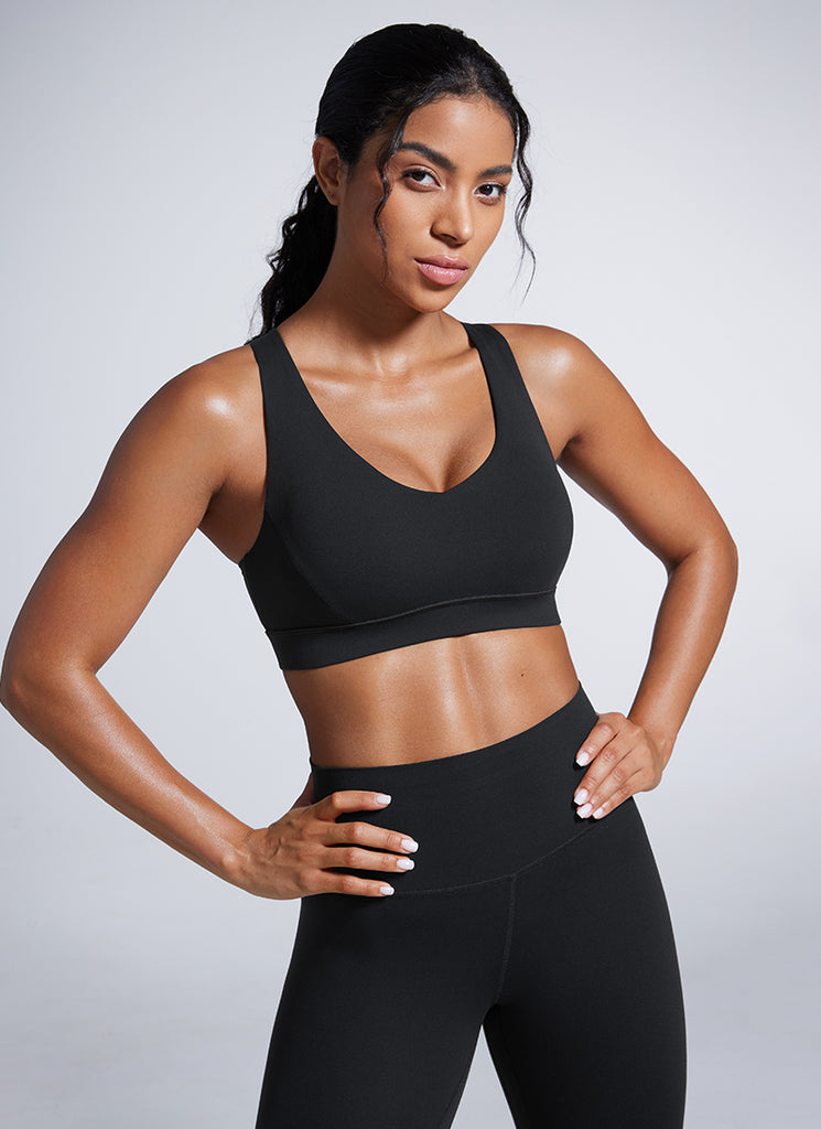 CRZ YOGA Womens Butterbreeze Padded V Neck Sports Bra Training Black