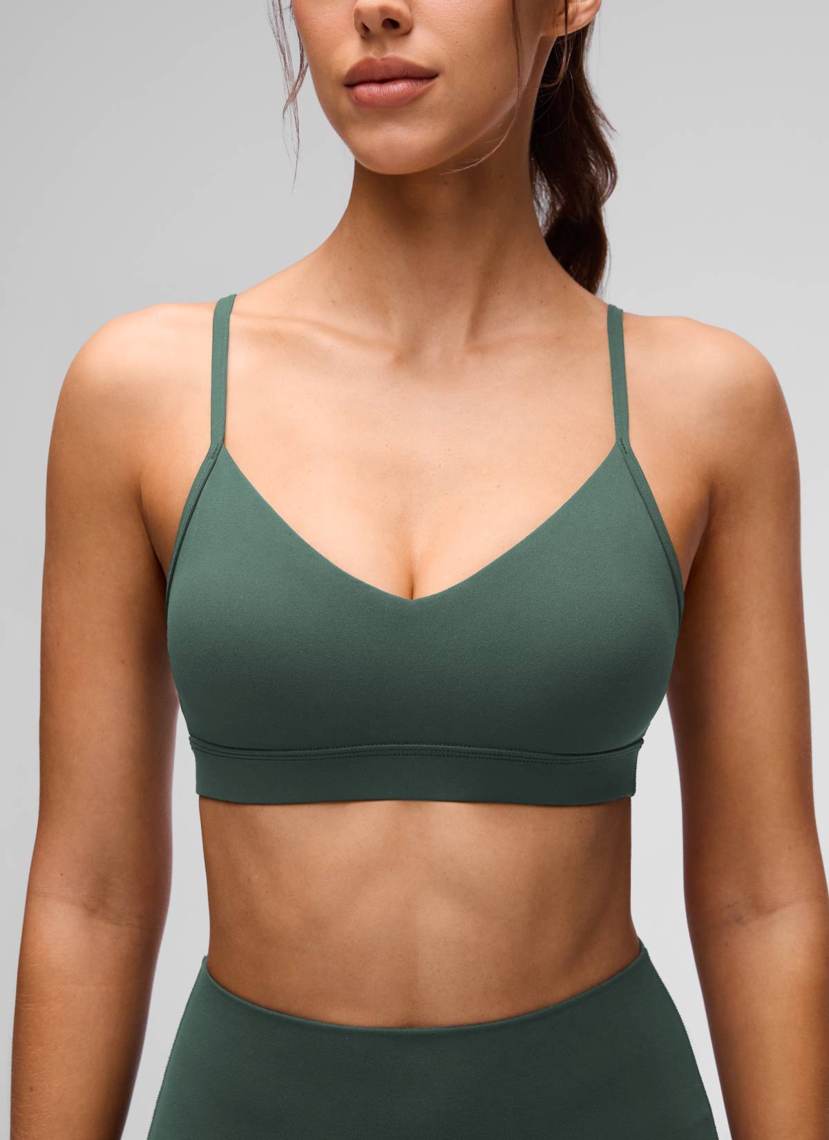 CRZ YOGA Butterluxe Womens V Neck Camisole Yoga Padded Sports Bra Dark Forest Green @model_info:Lary