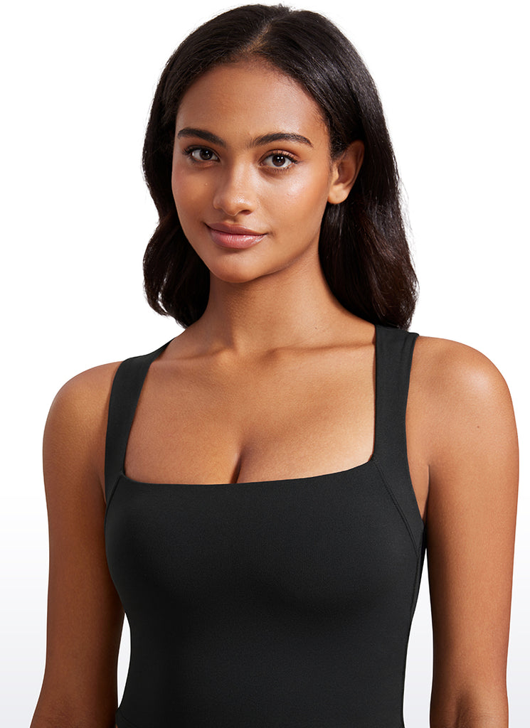 CRZ YOGA Butterluxe Women Longline Square Neck Sport Built in Bra Tank Black