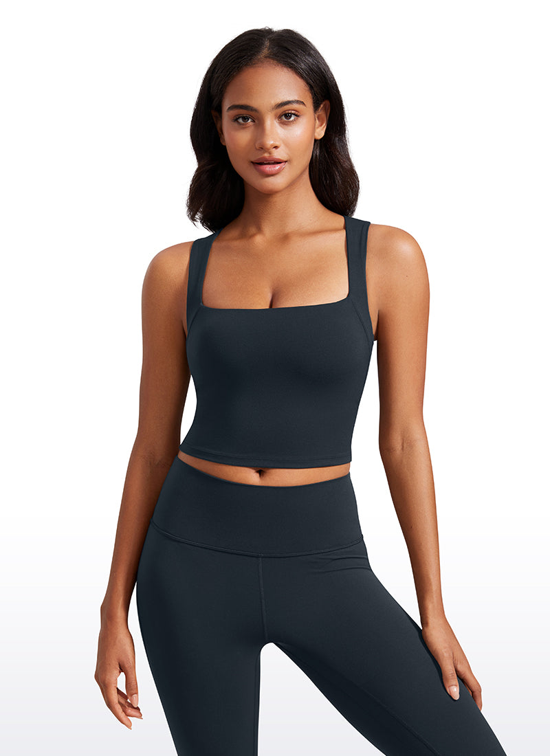 CRZ YOGA Butterluxe Women Longline Square Neck Sport Built in Bra Tank True Navy