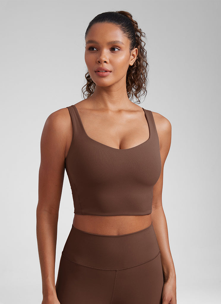CRZ YOGA Women's Yoga Molded Cup Butterluxe Longline Bra V Neck Coffee Brown