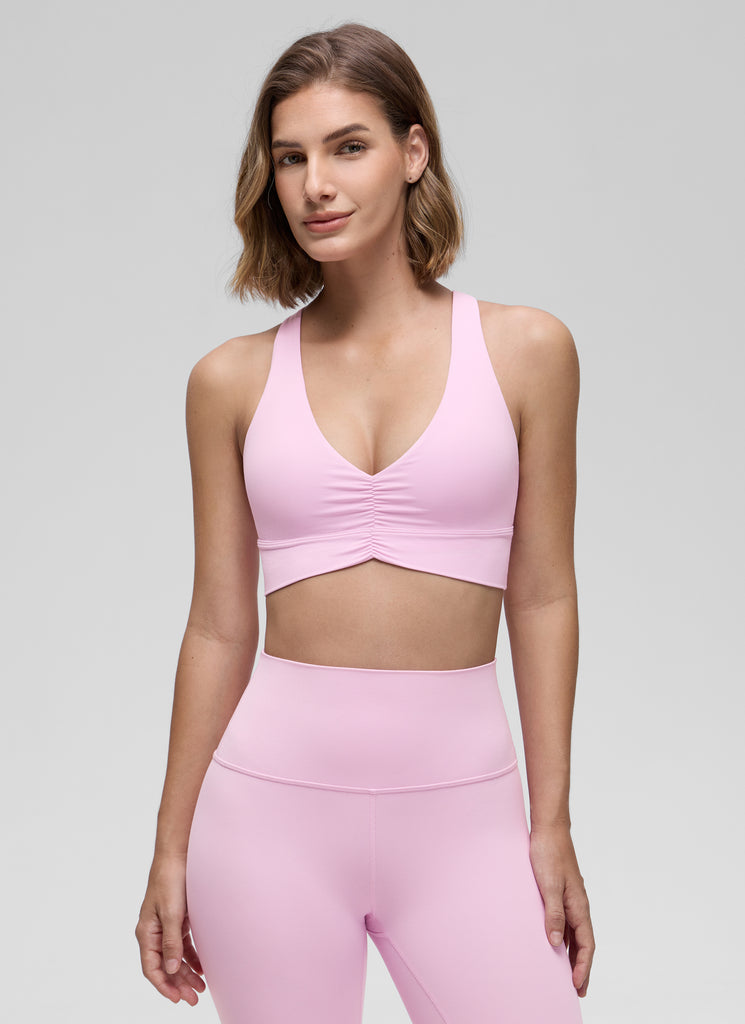 CRZ YOGA Women's Light Support Butterluxe Yoga Bra Ruched V Neck Vita Pink