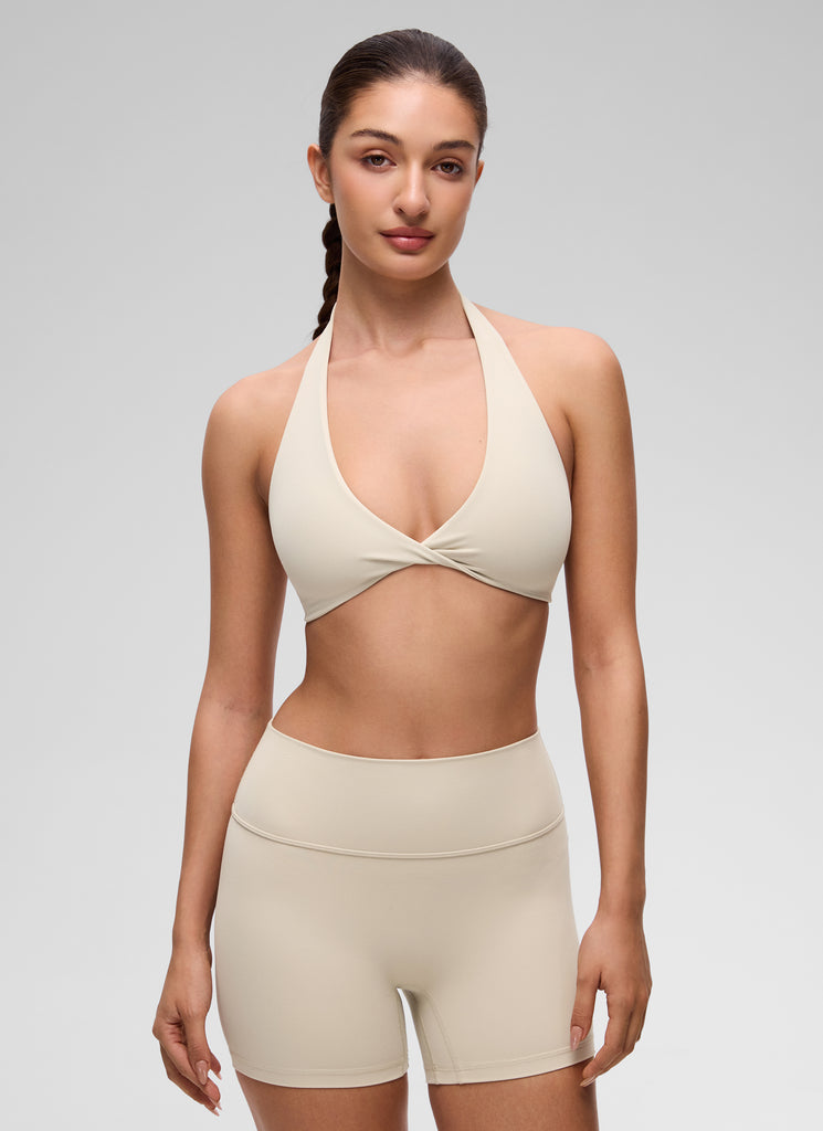 CRZ YOGA Women's Butterluxe Yoga V Neck Crop Double Lined Sports Bra White
