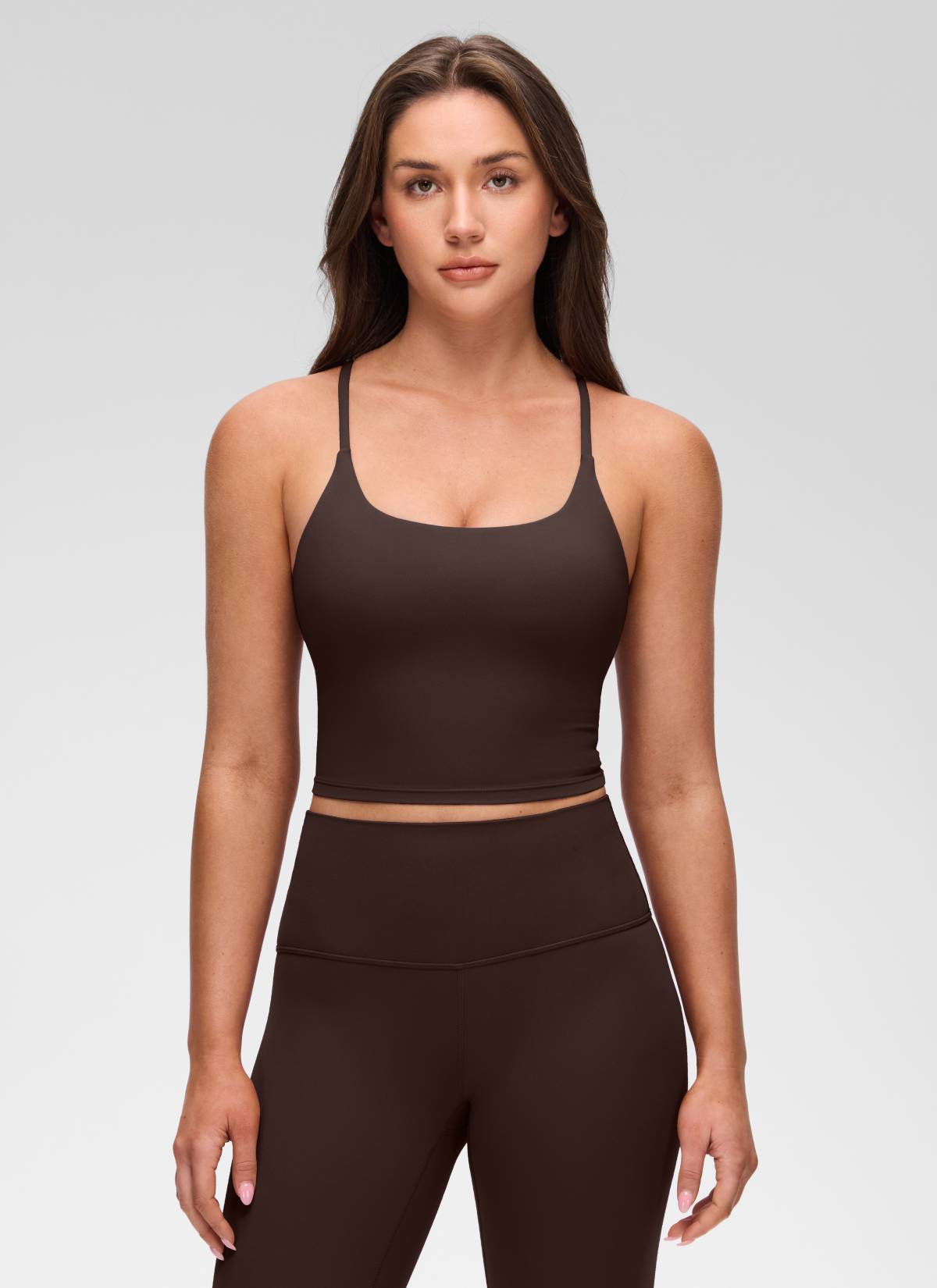 CRZ YOGA Women's Butterluxe U Neck Twist Cross Back Built in Bra Tank Hot Fudge Brown