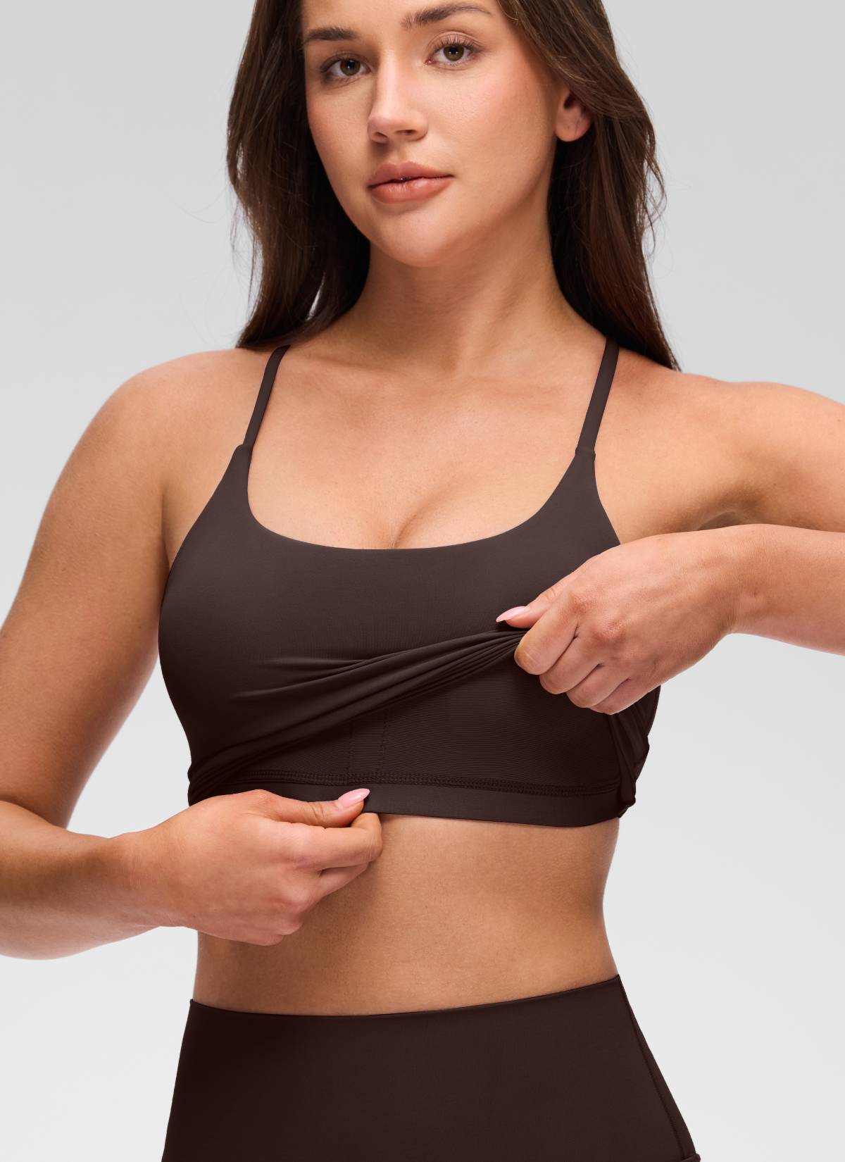 CRZ YOGA Women's Butterluxe U Neck Twist Cross Back Built in Bra Tank Hot Fudge Brown