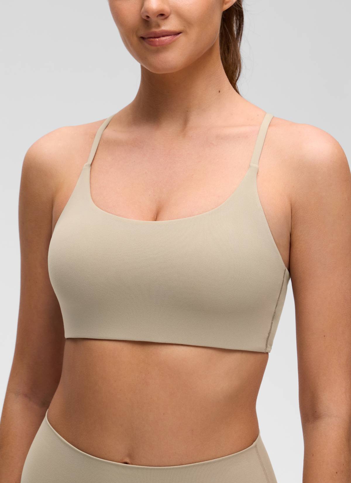 CRZ YOGA Women's Butterluxe Yoga Scoop Neck Twist Cross Back Sport Bra Oak