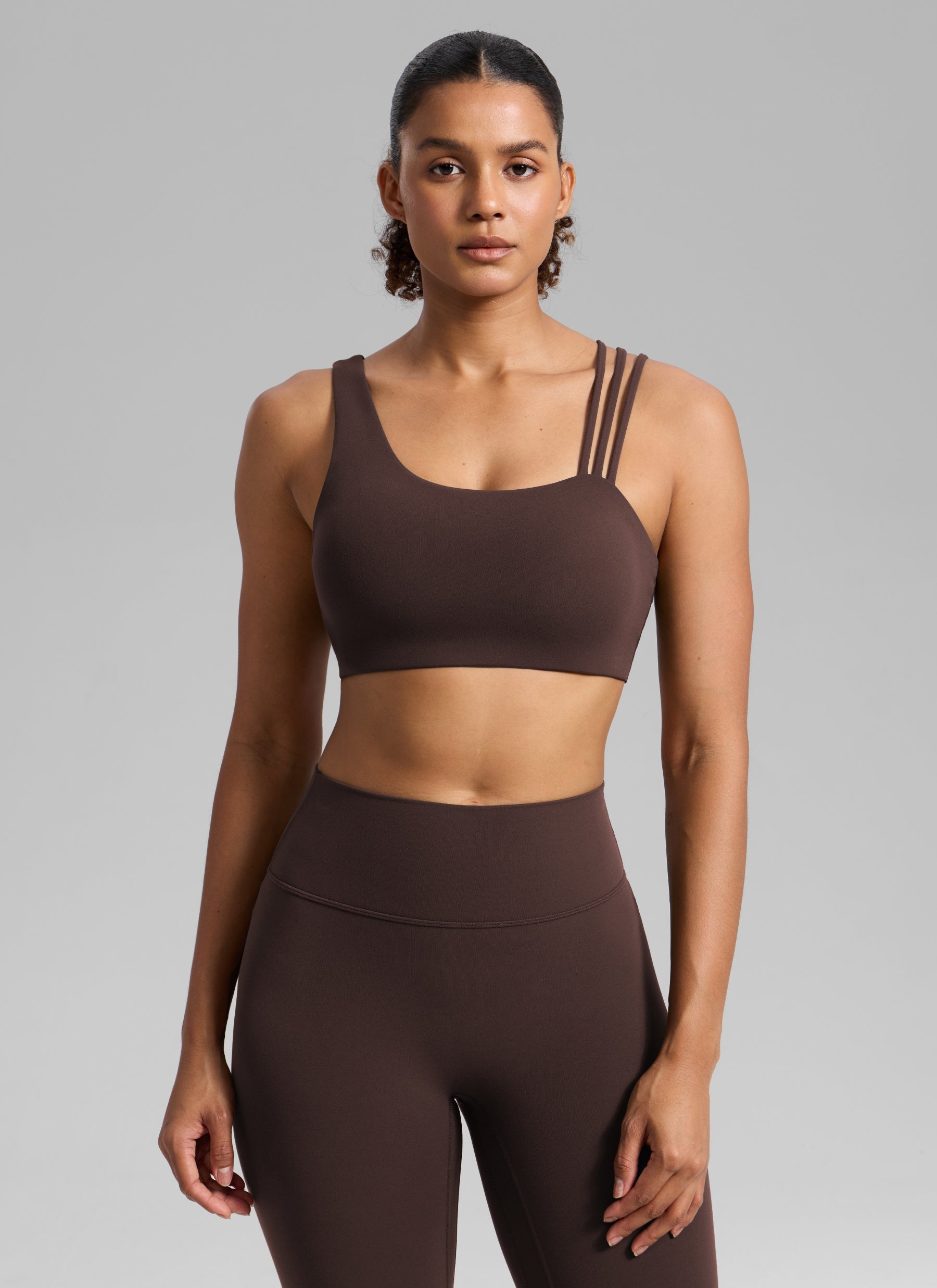 Women's Butterlift® Yoga Asymmetric Straps Sports Bra Medium Support Hot Fudge Brown