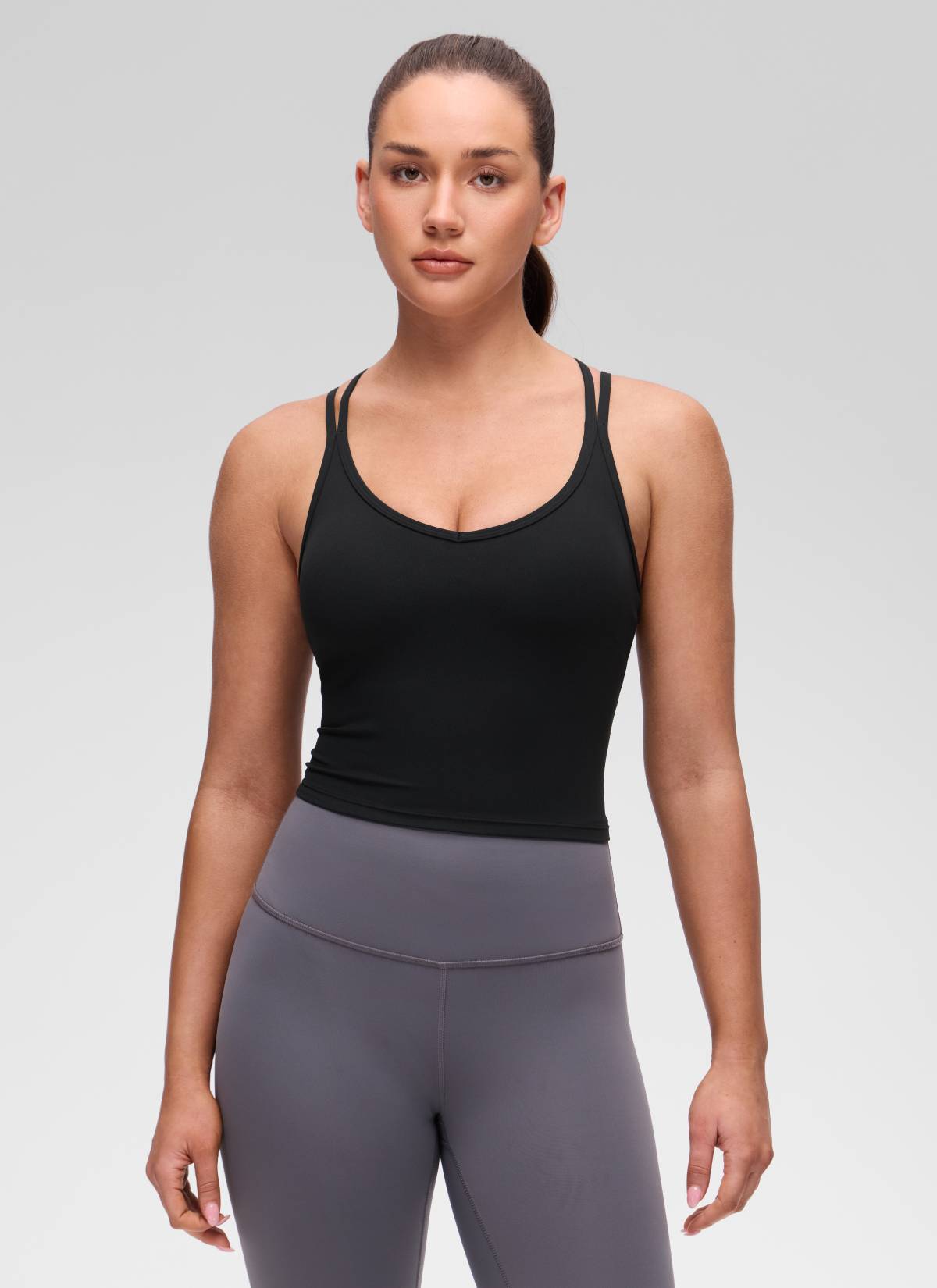 CRZ YOGA Women's Butterluxe Yoga V Neck Cross Back Built in Bra Tank Black @model_info:Brooklyn