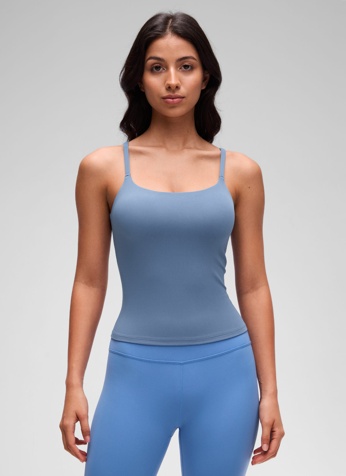 CRZ YOGA Women's Yoga Softretch U Back Waist Length Built in Bra Tank Washed Denim