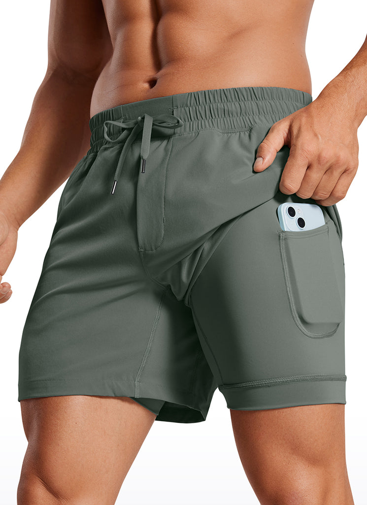 CRZ YOGA Men's Train Feathery-Fit 2 in 1 Shorts 5'' with pockets Grey Sage