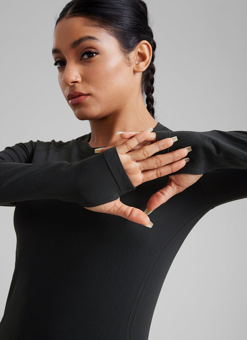 CRZ YOGA Women Seamless Workout Crew Neck Long Sleeve Shirts Black