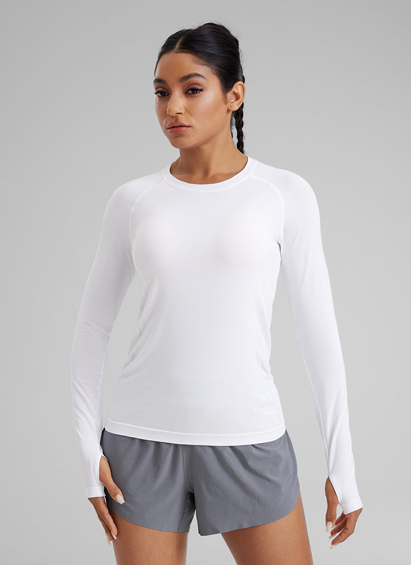 CRZ YOGA Women Seamless Workout Crew Neck Long Sleeve Shirts Black