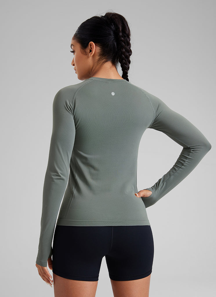 CRZ YOGA Women Seamless Workout Crew Neck Long Sleeve Shirts Grey Sage