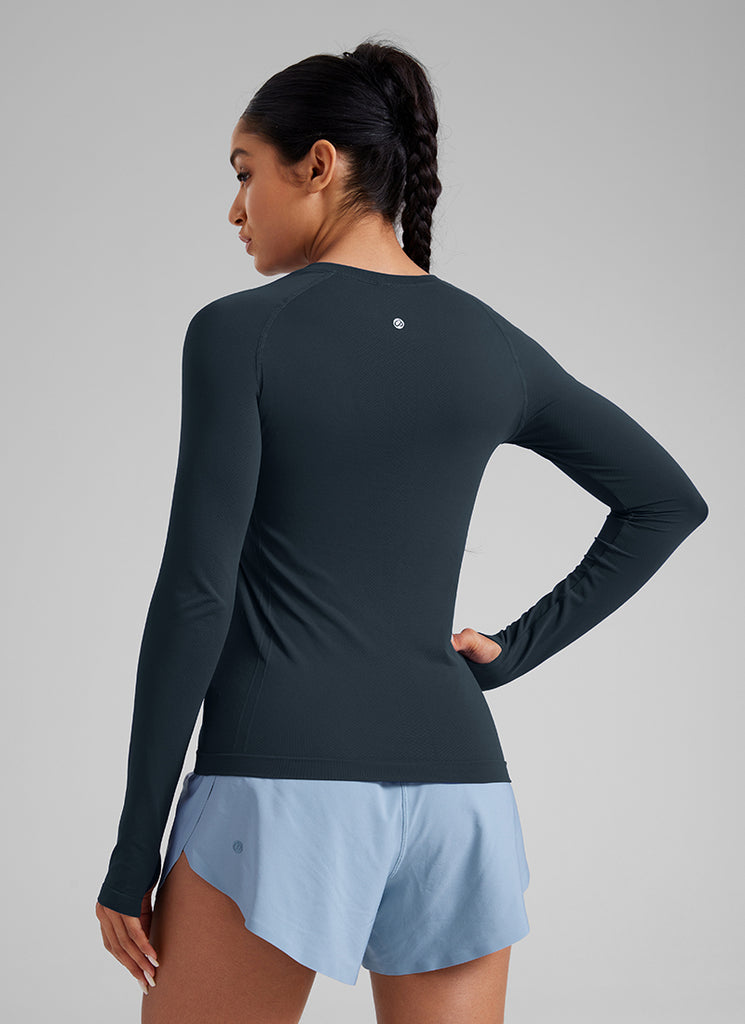 CRZ YOGA Women Seamless Workout Crew Neck Long Sleeve Shirts Slate Grey Marl