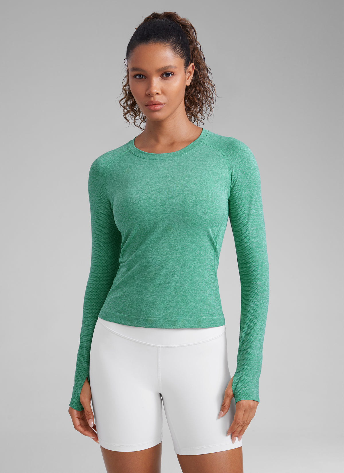CRZ YOGA Women's Run Train Shirts Seamless Long Sleeve Waist Length Cascadia Green @model_info:G