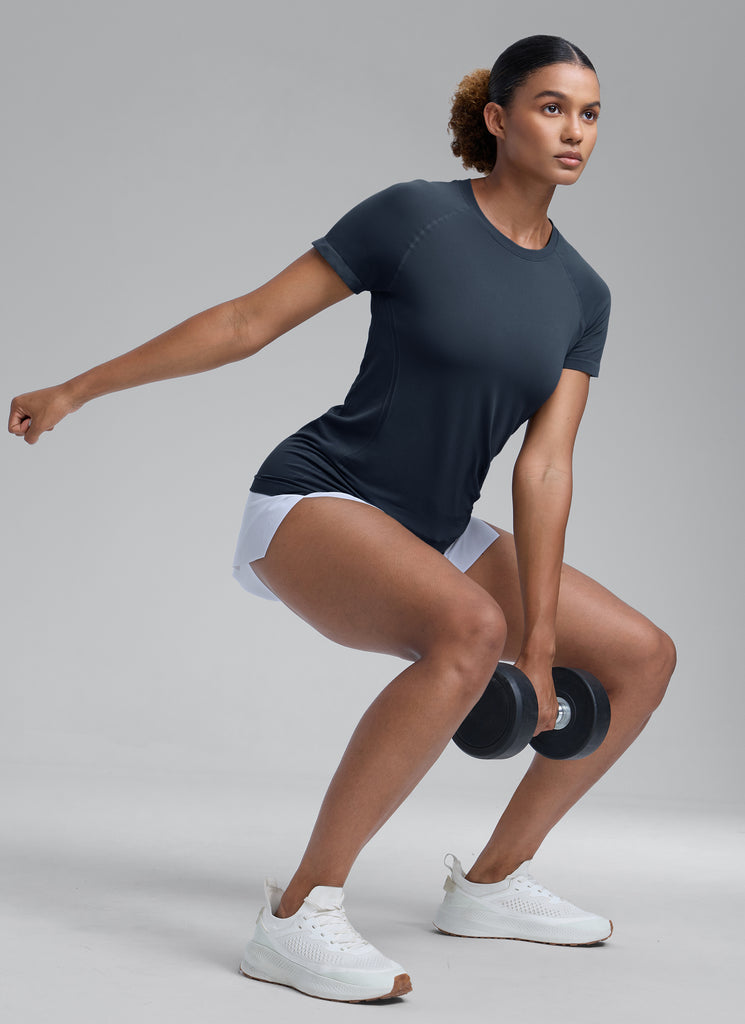 CRZ YOGA Women's Running Classic Fit Shirts Seamless Short Sleeves Twilight Blue