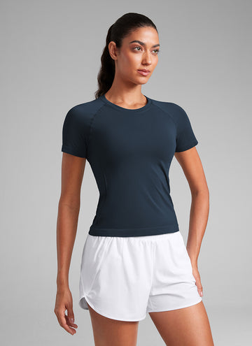 CRZ YOGA Women's Training Classic Fit Shirts Seamless Short Sleeves Twilight Blue