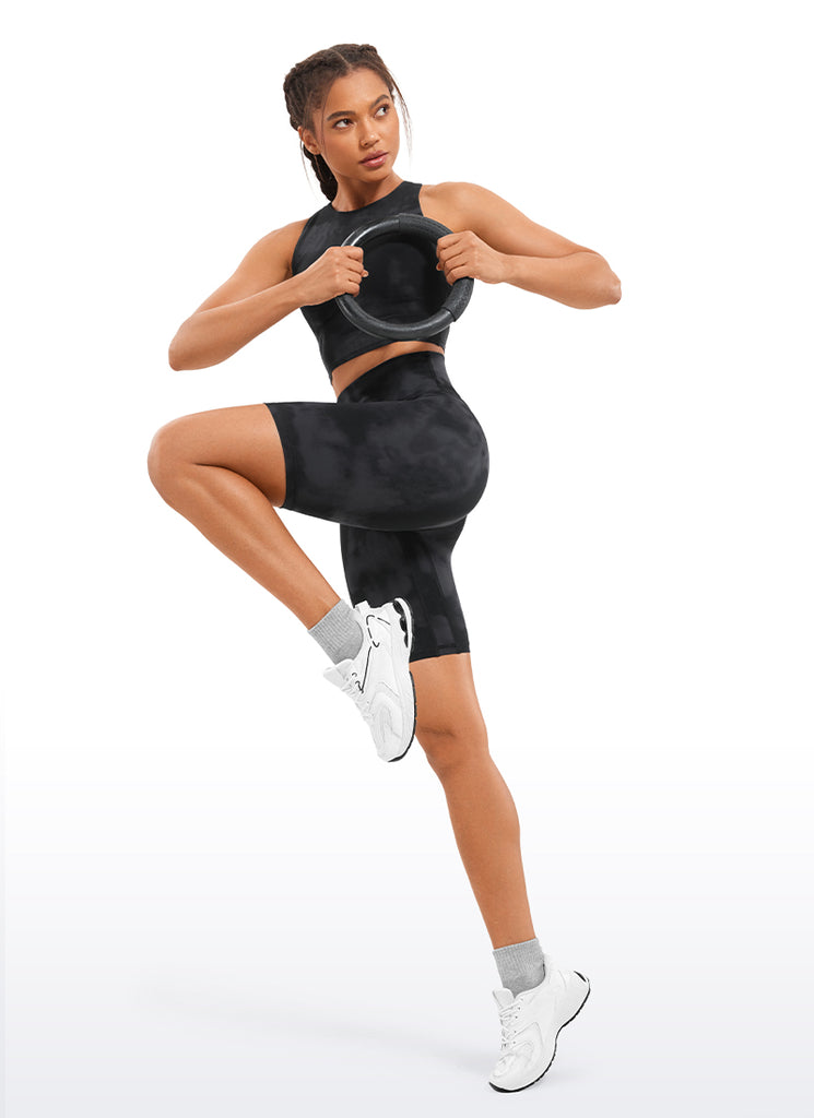 CRZ YOGA Women's Yoga High Rise Biker Shorts Nakedfeel Shorts 8'' Black Tie Dye Flowers