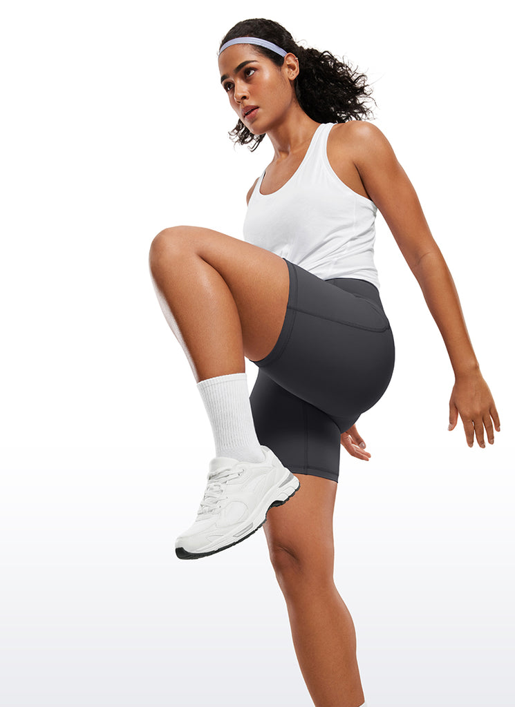 CRZ YOGA Women's Train High Rise Biker Nakedfeel Pocket Shorts 6'' Black Tie Dye Flowers