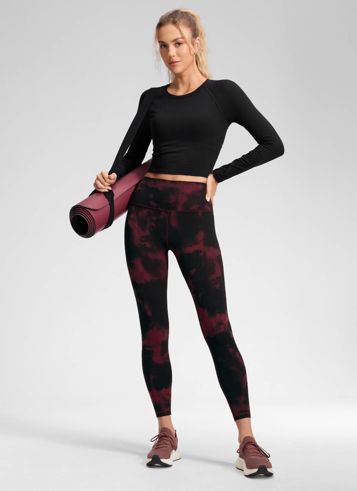 CRZ YOGA Women's Yoga Lounge High Rise Butterluxe Yoga Leggings 25'' Burgundy Tie Dye Flowers