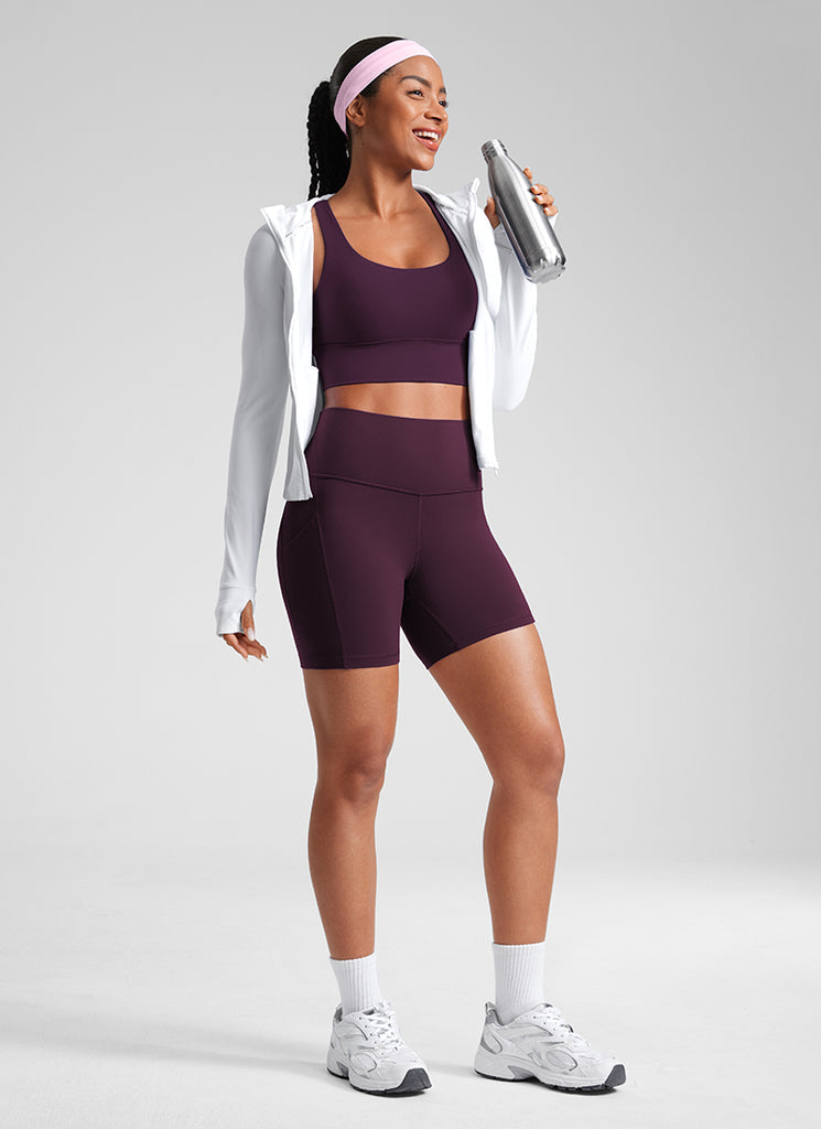 CRZ YOGA Women's Yoga High Rise Biker Butterluxe Pockets Shorts 5'' Olive Green