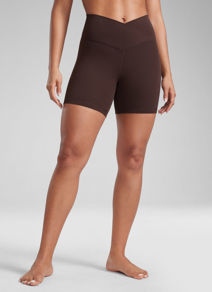CRZ YOGA Women's High Rise Butterluxe V Cross Waist Biker Shorts 5'' Hot Fudge Brown