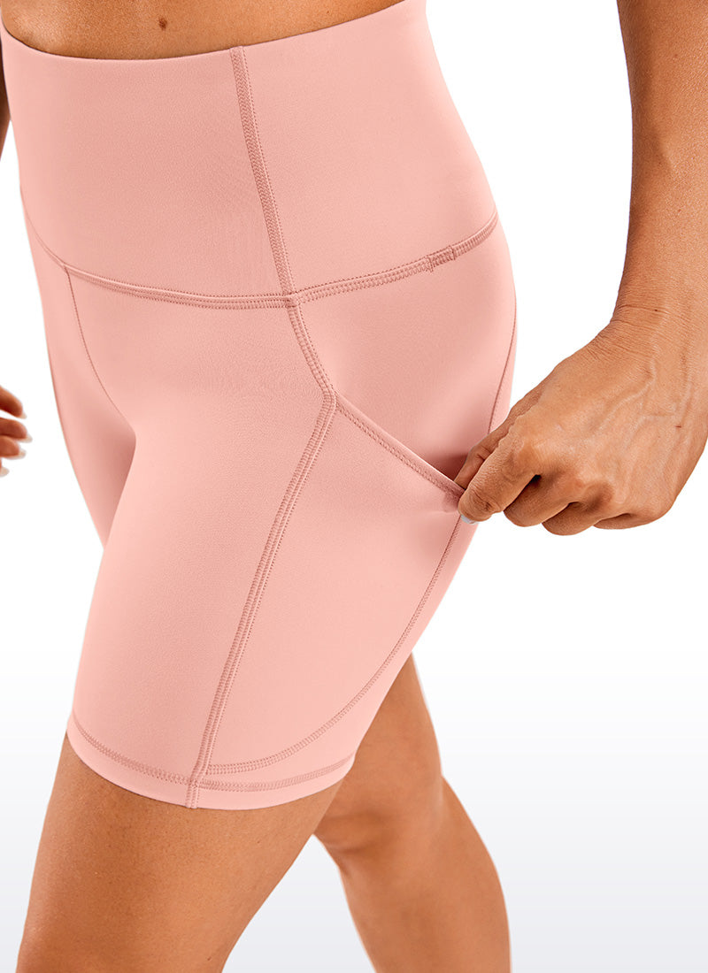 CRZ YOGA Women's High Rise Biker Brushed Nakedfeel Pockets Shorts 6'' Pink Puff