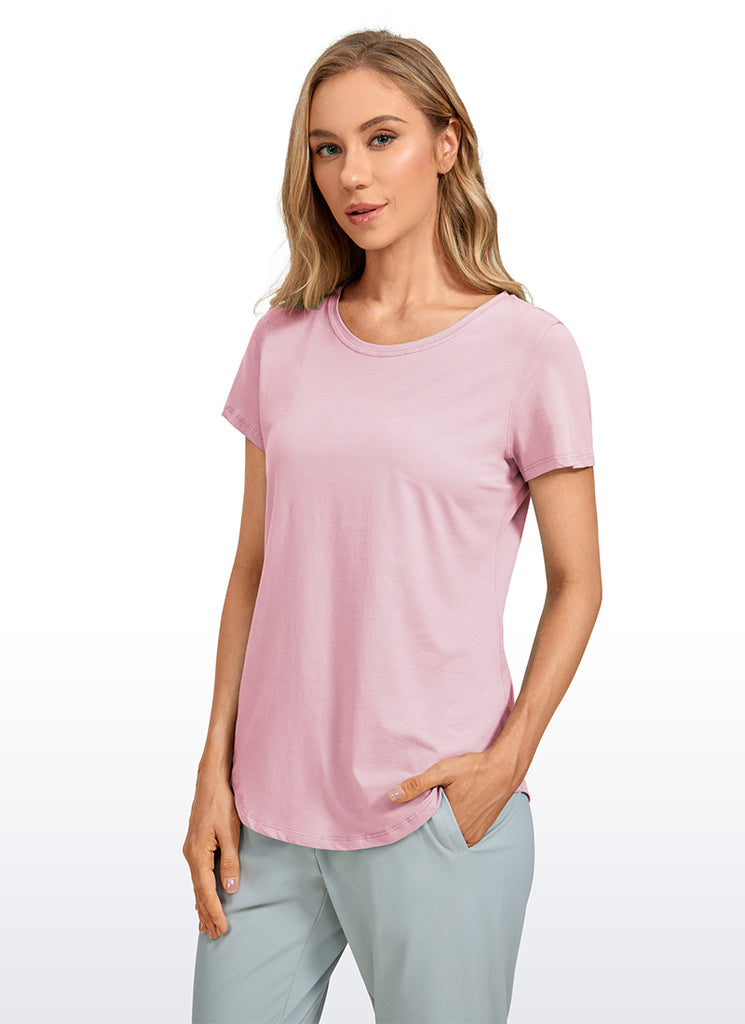 CRZ YOGA Women's Casual Relaxed Fit Shirts Pima Cotton Short Sleeves Pink Peony