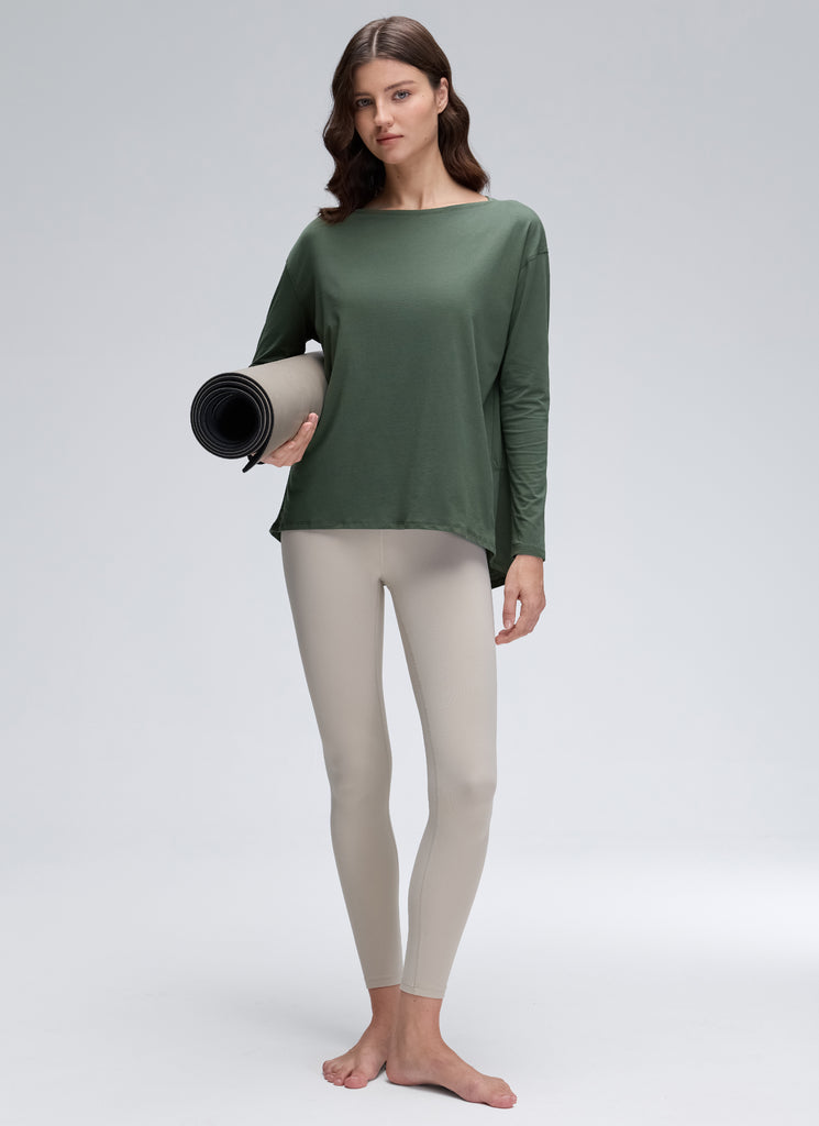 CRZ YOGA Women's Casual Loose Fit Pima Cotton Long Sleeves Boat Neck Grey Olive