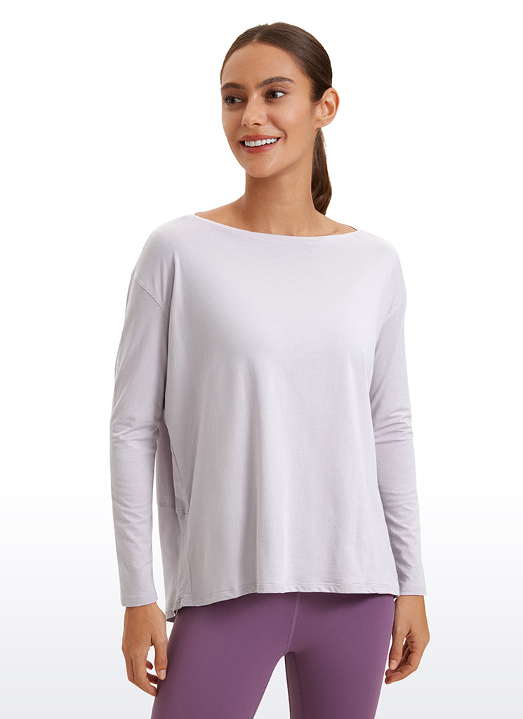 CRZ YOGA Women's Casual Loose Fit Pima Cotton Long Sleeves Boat Neck Iced Iris