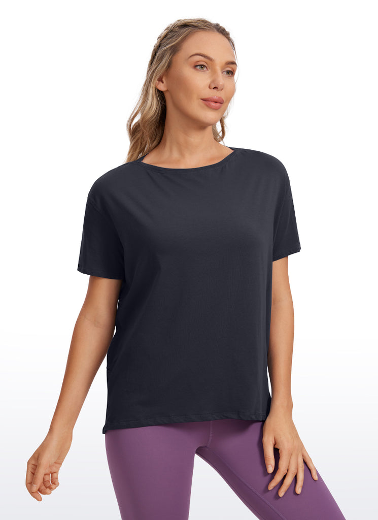 CRZ YOGA Women's Yoga Loose Fit Pima Cotton Short Sleeves Boat Neck Iced Iris