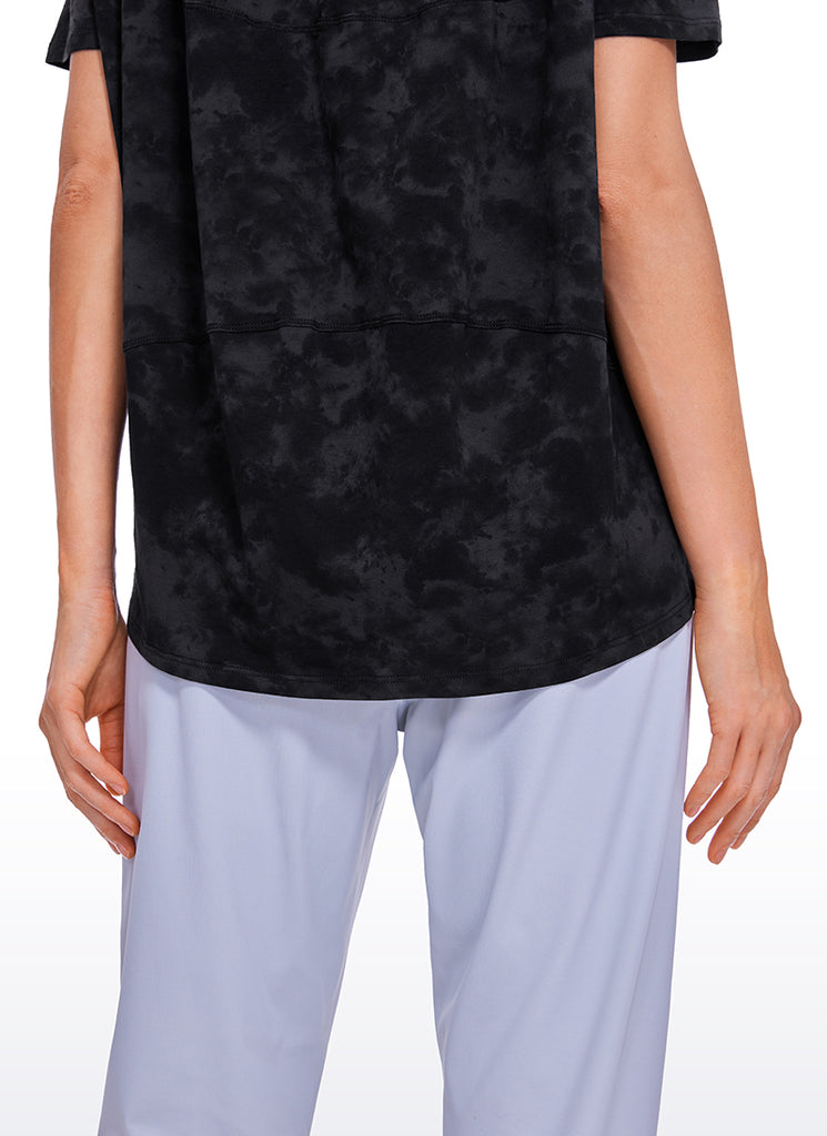 CRZ YOGA Women's Yoga Loose Fit Pima Cotton Short Sleeves Boat Neck Tie Dye Smoke Ink