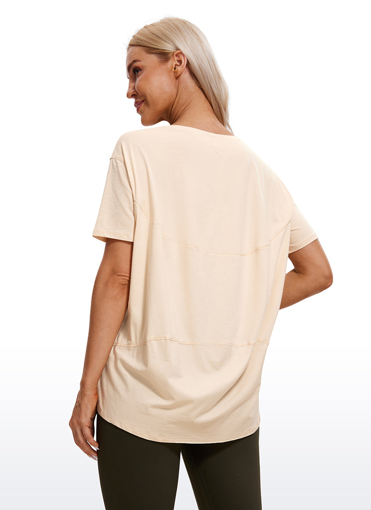 CRZ YOGA Women's Yoga Loose Fit Pima Cotton Short Sleeves Boat Neck White Opal