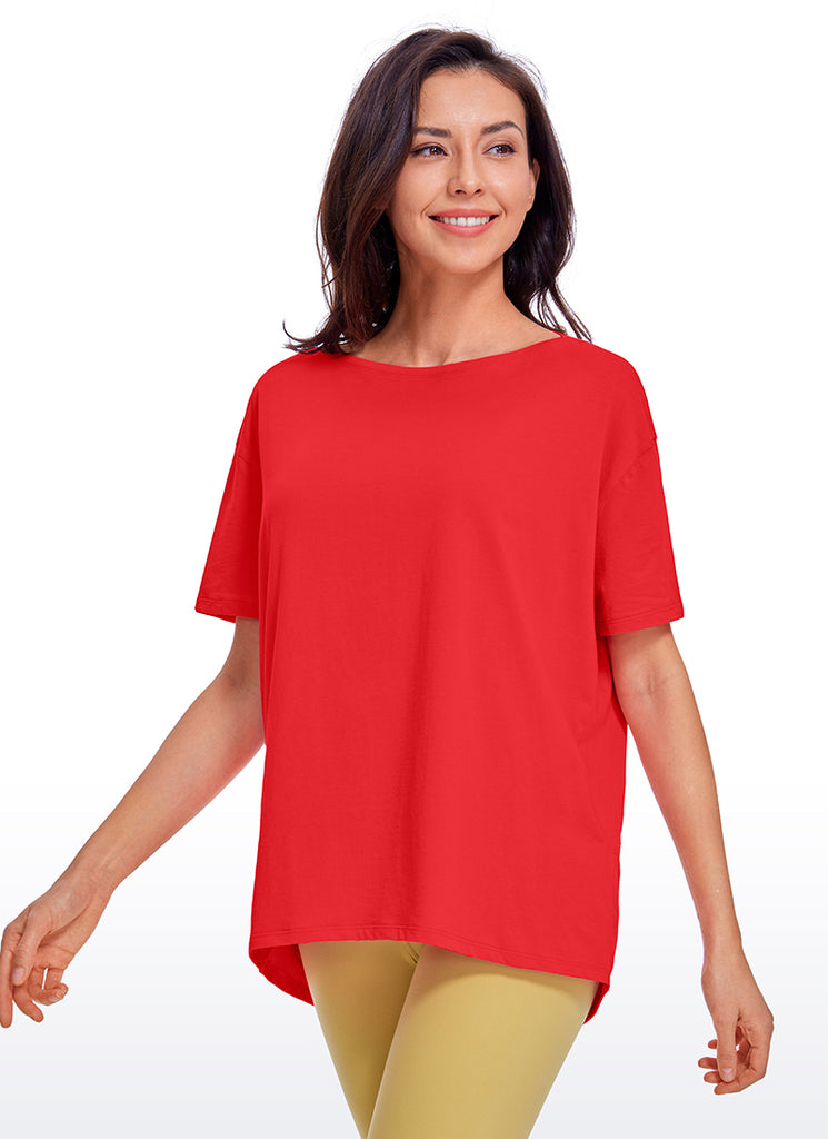 CRZ YOGA Women's Yoga Loose Fit Pima Cotton Short Sleeves Boat Neck Deep Red