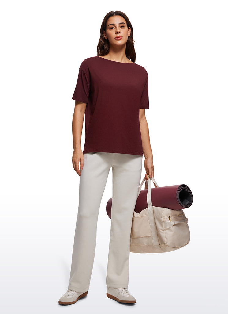 CRZ YOGA Women's Yoga Loose Fit Pima Cotton Short Sleeves Boat Neck Red Merlot