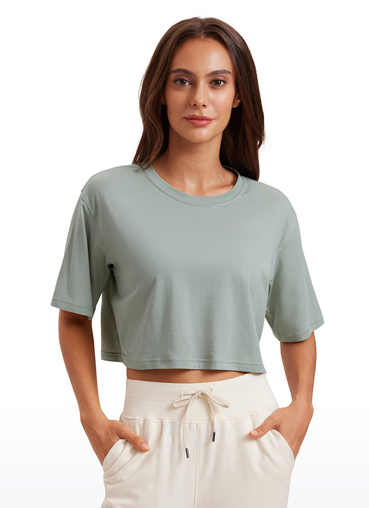 CRZ YOGA Women's Casual Loose Fit Pima Cotton Short Sleeves Cropped Grey Olive
