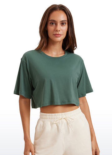 CRZ YOGA Women's Casual Loose Fit Pima Cotton Short Sleeves Cropped Graphite Green