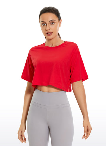 CRZ YOGA Women's Casual Loose Fit Pima Cotton Short Sleeves Cropped Festival Red
